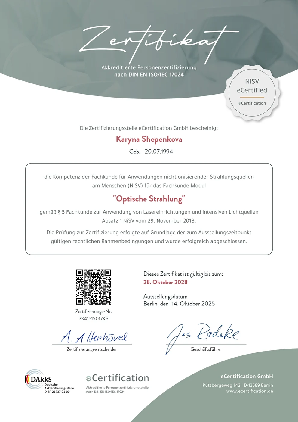 2025_NISV_Optische Strahlung_Zertifikat_Shepenkova_page-0001 1