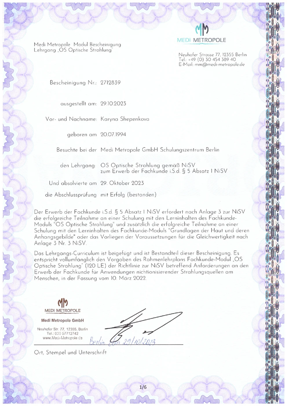 NiSV_Optische_Strahlung_Bescheinigung_(Shepenkova, Karyna 2023.10.29.)_page-0001 1